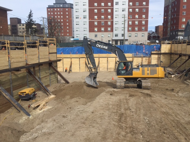 This development on King Street in Waterloo required approximately 15,000 SF of shoring for two levels of underground parking. RWH Engineering Inc. (RWH) designed a piles and lagging shoring system with rakers to reach depths up to 9 meters.